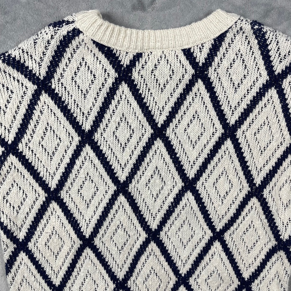 The Fox Collection Vintage Mens Large Diamond Knit Cotton Sweater Navy Cream USA - Picture 8 of 9